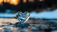 Crystal clear heart-shaped ice formation on frozen water surface at sunset, with bokeh background creating magical winter atmosphere. For romantic cards.