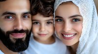 Middle Eastern family portrait showing close-up of smiling faces with father in beard, young child, and mother wearing white hijab against neutral background.
