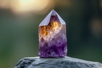 Large amethyst crystal point with golden citrine inclusions on natural stone surface for healing meditation and spiritual wellness practices.