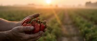 Farmer hands holding fresh ripe tomatoes at sunset in agricultural field. Organic farming harvest concept for healthy food production and sustainable agriculture.