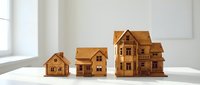 Three wooden miniature house models arranged by size on white surface, symbolizing real estate growth, property investment, and housing market progression.