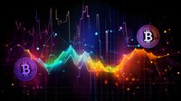 Colorful cryptocurrency market chart with glowing bitcoin symbols and rainbow trading graph showing price movement against dark background.