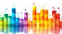 Vibrant rainbow colored cityscape silhouette with paint splash effect and water reflection creates dynamic urban skyline composition for design projects.