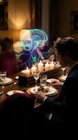 Holographic brain projection floating above elegant dinner table with businessman dining in warm candlelit restaurant atmosphere for neuroscience concepts.