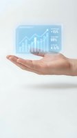 Hand holding holographic business chart with performance metrics and growth statistics floating above palm on white background for presentations.