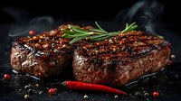 Juicy grilled beef steak with rosemary sprig and red chili pepper on dark background with rising steam and peppercorns, food photography.