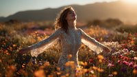 Young woman with arms outstretched in wildflower meadow at golden hour, wearing lace dress, feeling free and connected to nature.