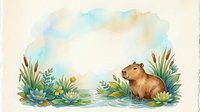 Capybara resting by water surrounded by lush green plants and reeds in watercolor style, isolated on white background for design use.