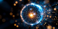 Glowing blue sphere with connected network lines and orange light particles radiating outward against dark background, representing digital transformation and connectivity.