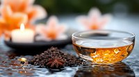 Aromatic star anise and spices arranged near a glass bowl filled with golden essential oil or infusion, with blurred candles and flowers in background for wellness and spa applications.