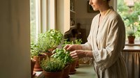 Middle-aged woman in casual beige cardigan tending to potted herbs on windowsill, nurturing indoor garden plants by natural light for home gardening and wellness lifestyle.