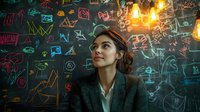 Young businesswoman in suit against blackboard with colorful chalk drawings, illuminated by warm pendant lights, contemplating creative ideas.