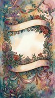 Watercolor floral frame with ribbon banner, roses, stars, and ornate swirls. Vintage botanical border with empty space for text or greeting card design.