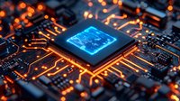 Glowing blue computer processor on circuit board with orange light reflections, representing advanced technology for computing applications.