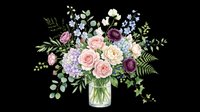 Elegant floral arrangement with roses, delphiniums, and greenery in glass vase, isolated on transparent background. Ready for t-shirt designs, clipart, stickers, print-on-demand products, and sublimation projects.