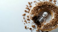 Playful skeleton figure emerging from chocolate donut hole with crumbs scattered around on light background, creative Halloween food photography concept.