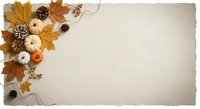 Autumn corner border with golden maple leaves, pine cones, white pumpkins and orange gourds on vintage paper background with copy space for seasonal designs.