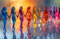 Colorful paper cutout silhouettes of women holding hands in unity chain against rainbow gradient background with reflective surface. Represents sisterhood and empowerment.