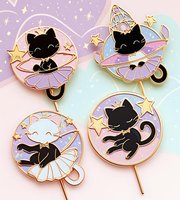 Magical black and white cat ballerina enamel pin designs with stars and pastel colors in kawaii style. Round decorative badges featuring dancing kittens in tutus.