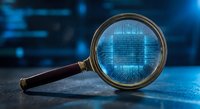 Digital forensics investigation with magnifying glass revealing binary code data analysis for cybersecurity and information technology research.