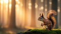 Red squirrel sitting on moss-covered log in golden sunlit forest with bokeh background for nature and wildlife content.