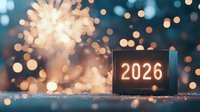 Glowing 2026 number display against blurred festive bokeh lights and fireworks creating magical New Year celebration atmosphere with sparkles and illumination.