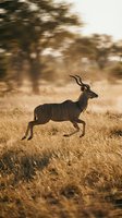 Male kudu antelope leaping through golden grassland at sunset with spiral horns and striped coat in African savanna wilderness landscape.