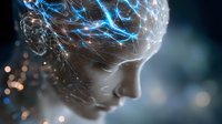 Glowing neural network overlaid on profile silhouette with blue energy streams and light particles against dark background illustrates artificial intelligence concept.