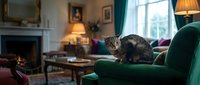 Tabby cat sitting on a green velvet armchair in an elegant living room with a lit fireplace and teal curtains.