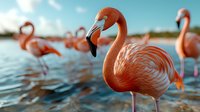 Vibrant pink flamingo standing in shallow tropical water with flock in background, soft focus nature photography creates dreamy atmosphere at sunset.