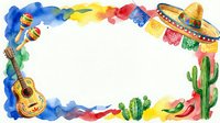 Colorful Mexican fiesta border with sombrero, guitar, cactus, maracas and papel picado flags on white background for party invitations and cultural celebrations.