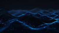Glowing blue digital wave landscape with particles on dark background creates futuristic technology visualization for business and science presentations.