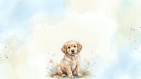 Golden retriever puppy sitting in meadow with wildflowers on soft watercolor background for greeting cards and nursery decor.