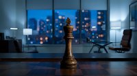 Golden chess queen on executive desk with city skyline view through office windows at night, representing strategy, leadership, and business success.