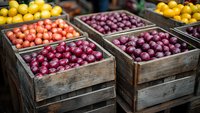 Fresh red onions and lemons displayed in rustic wooden crates at farmers market, selective focus on produce creates depth in composition. Food retail concept.