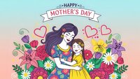 Happy Mother's Day greeting card with mom and daughter embracing surrounded by colorful flowers and hearts on pastel background for celebration design.