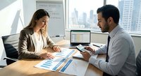 Professional business meeting with diverse colleagues analyzing financial data and charts in modern office with city skyline view.