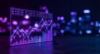Futuristic holographic financial dashboard displaying stock market charts and data analytics in purple neon colors against blurred city lights background.