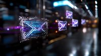 Futuristic digital mail icons floating in dark space with neon blue and purple glow effects, representing electronic communication and messaging technology.