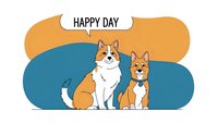 Two adorable cartoon dogs sitting together with speech bubble saying happy day on colorful abstract background for greeting cards and pet designs.