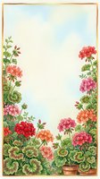 Watercolor geranium flowers frame with golden border on textured paper background for greeting cards, invitations and botanical design projects.