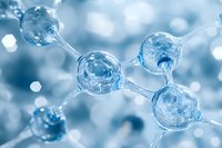 Molecular structure with connected glass spheres in blue tones against blurred background illustrates scientific concepts and chemical bonds for research presentations.