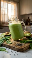 Fresh green smoothie in mason jar with spinach, kiwi, avocado and chia seeds on wooden cutting board in modern kitchen for healthy breakfast and detox diet.