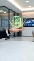 Businessman hand holding glowing green digital certificate with checkmark and laurel wreath in modern office environment for business achievement concepts.