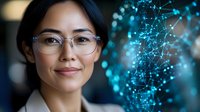 Young Asian woman in glasses smiling confidently next to glowing blue network visualization, representing technology innovation and artificial intelligence advancement.
