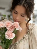 Young Asian woman in romantic cream-colored dress smelling pink carnations with closed eyes, soft natural lighting creates dreamy spring atmosphere for lifestyle blogs.