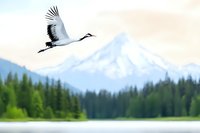 Graceful crane soaring over mountain lake with snow-capped peaks and evergreen forest, capturing serene wilderness landscape in soft focus style.