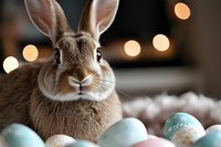 Adorable brown bunny with long ears sitting among pastel Easter eggs against blurred bokeh lights background, creating festive spring holiday atmosphere.