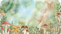 Watercolor forest floor with various mushrooms, ferns, and woodland plants in soft green, brown, and cream tones. Suitable for nature illustrations, children's books, and botanical designs.