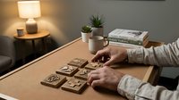 Person playing wooden tic-tac-toe game on desk with books and plants in cozy home office setting for leisure and strategy concepts.